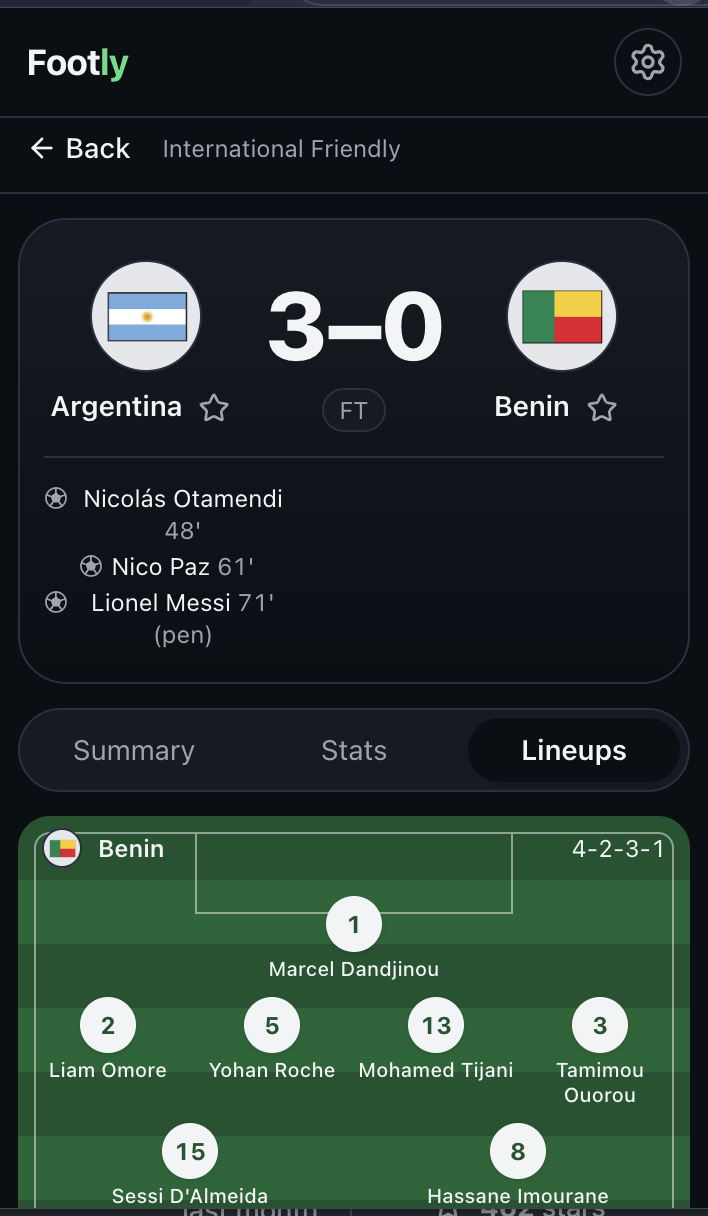 Finished match: Argentina 3-0 Benin with goal scorers, and the Lineups tab showing Benin's 4-2-3-1 on a pitch
